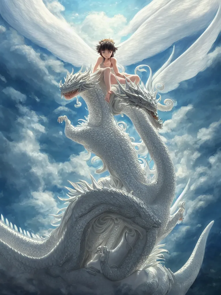 Image similar to the beautiful hyper detailed big scene render that a beautiful princess sitting on the back of a huge silver white dragon alone in fairyland surrounded by white clouds, finely detailed angelic face delicate features, style of studio ghibli, makoto shinkai, raphael lacoste, artgerm, karol bak, kazuki tanahashi, james jean, ross tran, ultra wide angle