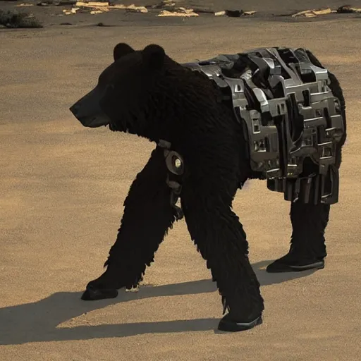 Prompt: a terminator android dressed as a cowboy while mounting a bear, 8 k, movie still, high detail, hyperrealistic