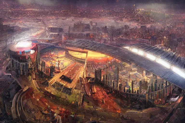 Prompt: detailed intricate digital illustration by greg rutkowski and artgerm and wlop and sanford robinson gifford ; modern stadium full of 3 0 0 thousand people, bright stadium lights, night, open roof ; 1 3 mm film, arri alfa anamorphic lens, fisheye wide angle ; sharp focus ; trending on artstation 8 k