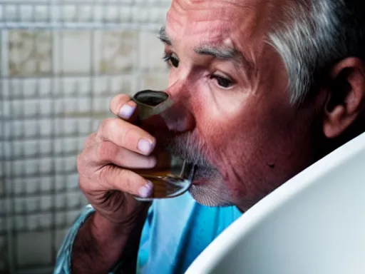 Image similar to an old man suspiciously drinking water from a toilet