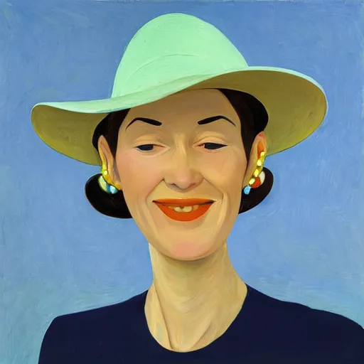 Prompt: woman with hat, by Alex Katz, colorful, smiling, ear rings, oil on canvas