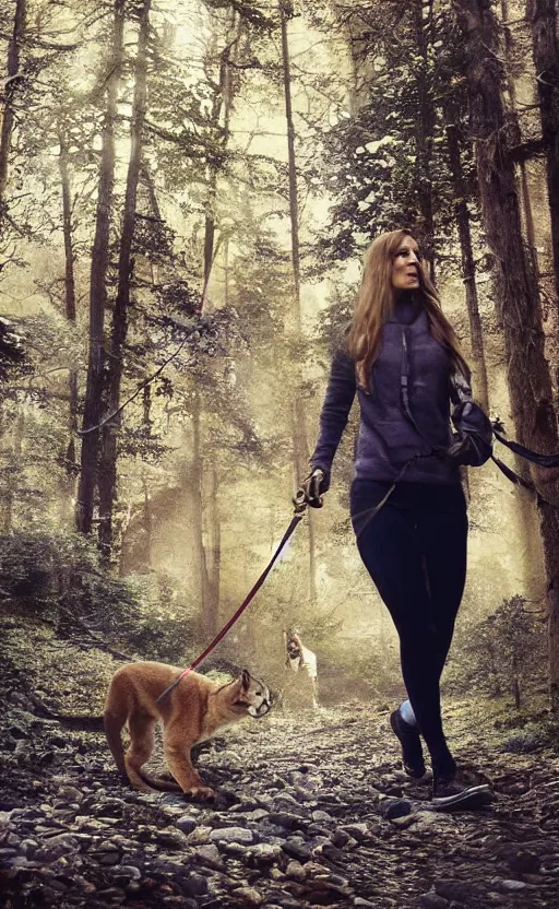 Prompt: beautiful woman walks her pet cougar on a leash thru a crystal forest, hyperreal, atmospheric, photorealistic photographed in the style of national geographic