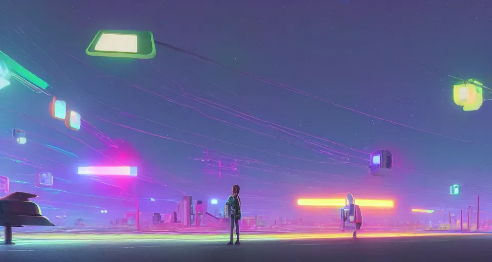 Prompt: Rainbow road, rendered by simon stålenhag, rendered by Beeple, Makoto Shinkai, syd meade, environment concept, digital art, starwars, Gundam Style, unreal engine, 3 point perspective, WLOP, trending on artstation, low level, 4K UHD image, octane render,