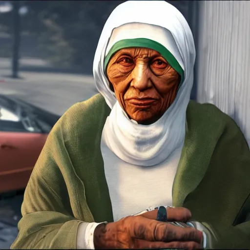 Image similar to Mother Theresa as a gangster in GTA5 8k hyperdetailed photorealism ultra high quality