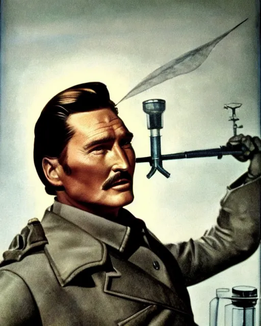 Prompt: Errol Flynn as a scientist. 1980s dystopian Soviet Russia, propaganda screens. Unreal engine, fantasy art by Andrew Newell Wyeth. Faithfully depicted facial expression, perfect anatomy global illumination, radiant light, detailed and intricate environment