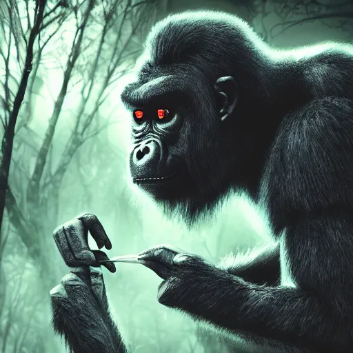 Image similar to demonic gorilla in magical forest, dark atmosphere, high detail, soft lighting