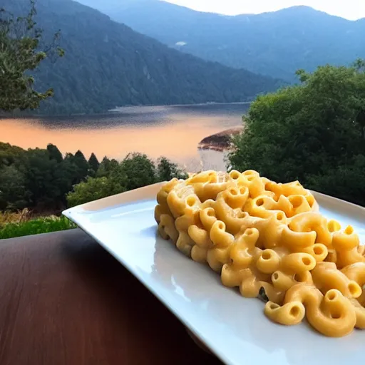 Image similar to a mac n' cheese dream. flowing with cheese. gorgeous vista.