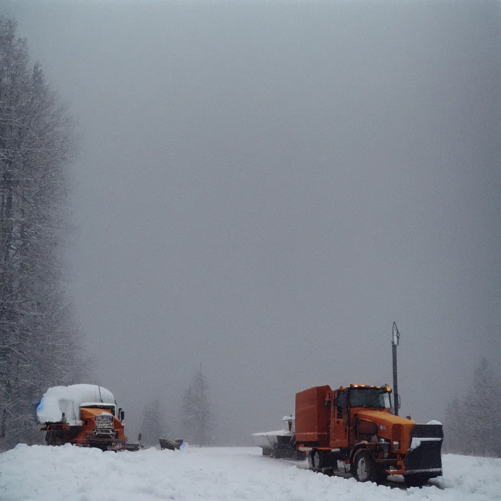 Image similar to photo, big snow plow truck is in the distance with a bright headlighta. cold color temperature, snow storm. hazy atmosphere. humidity haze. kodak ektachrome, greenish expired film, award winning, low contrast,