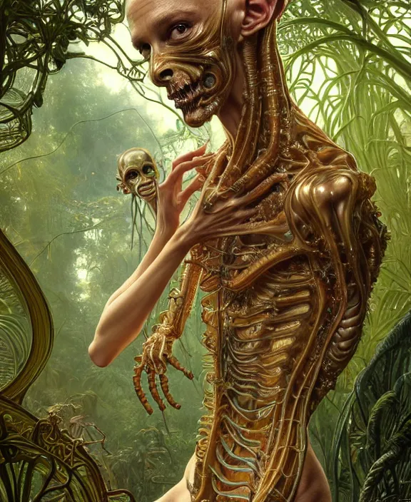 Image similar to intricate ornate opulent transparent clear see - through portrait of a terrifying beautiful skinny male alien centipede, mottled coloring, adorable, childlike, overgrown jungle environment, ultra realistic, concept art, art nouveau, photorealistic, octane render, 8 k, unreal engine. art by christopher marley and artgerm and greg rutkowski and alphonse mucha