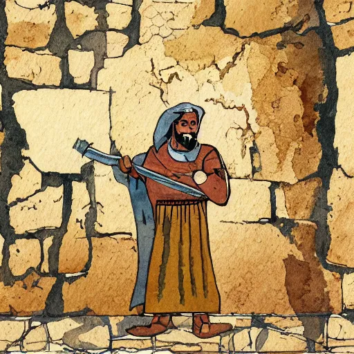 Prompt: award winning cinematic still of 40 year old Mediterranean skinned man in ancient Canaanite clothing building a broken wall in Jerusalem, ink and color watercolor in the style of a 2022 modern illustration