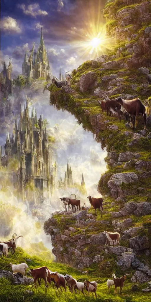 Image similar to a herd of goats! on stairs in a beautiful fantasy cathedral, epic, grandiose, many goats, magic, tall towers, gorgeous clouds, colorful, sunrays, digital painting, landscape, octane render, unreal engine, high detail, very realistic, by jacek yerka