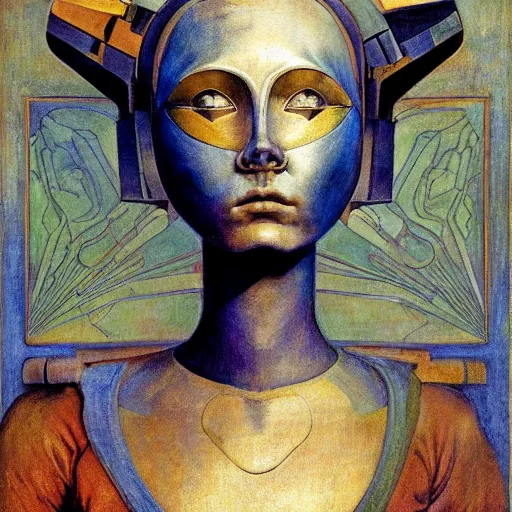 Image similar to the robot queen with her bird mask, by annie swynnerton and diego rivera and elihu vedder and jean delville, symbolist, dramatic lighting, elaborate geometric ornament, head and shoulders view, art brut, soft cool colors, smooth, sharp focus, extremely detailed, adolf wolfli, leo and diane dillon