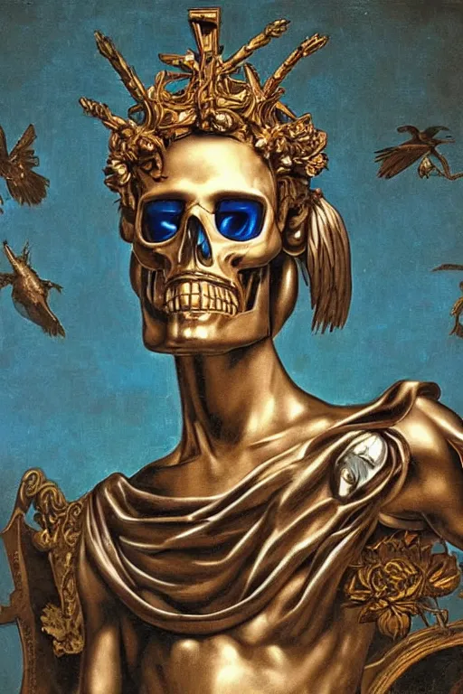 Image similar to a young handsome Spanish metal android with a large glowing battery in the center of his chest in a full-body bronze cyberpunk style statue of Icarus with glowing blue eyes, crown of peach roses, flowing teal-colored silk, fabric, flowers. baroque elements, human skull. full-length view. baroque element. intricate artwork by caravaggio. many many birds birds on background. Trending on artstation, octane render, cinematic lighting from the right, hyper realism, octane render, 8k, depth of field, 3D