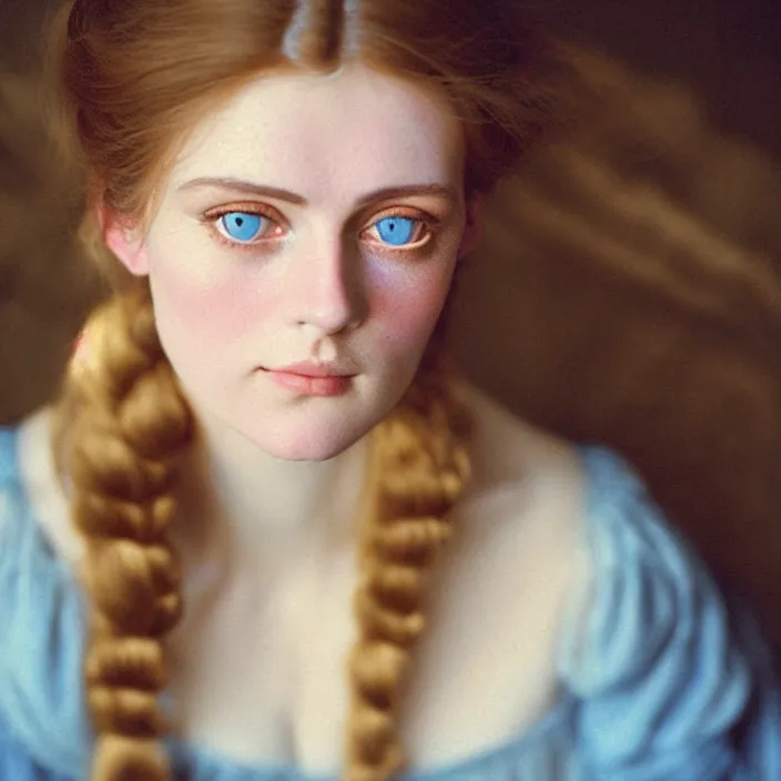 Prompt: Kodak Portra 400, 8K, soft light, volumetric lighting, highly detailed, britt marling style 3/4, view from above of close-up portrait photo of a beautiful woman, pre-Raphaelites painter, Huge blue eyes, with velvety brown lashes. girlish woman who looks extremely fragile and sickly, like a neurasthenic Victorian maiden. Hair is light brown in long curls; skin is pale. Pretty in a frivolous, invalid way. Gives the impression of being slight. , Realistic, Refined, Highly Detailed, natural outdoor soft pastel lighting colors scheme, outdoor fine art photography, Hyper realistic, photo realistic,warm lighting,