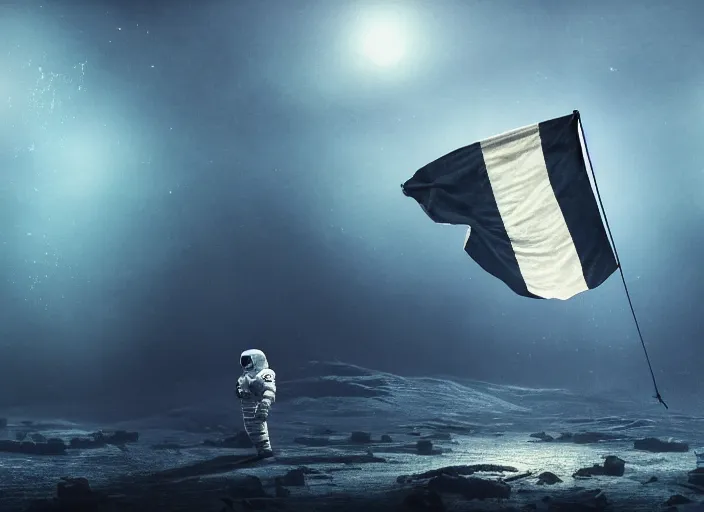 Image similar to astronaut holding a flag in an underwater desert. a submarine is visible in the distance. dark, concept art, cinematic, dramatic, atmospheric, 8 k, trending on artstation, blue, fish, low visibility, fog, ocean floor, christopher nolan, interstellar