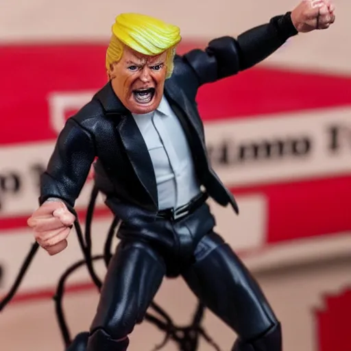 Image similar to action figure of Trump as Venom and shoots web from hair by Hasbro