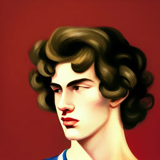 Prompt: A beautiful close-up of a young man with WHITE!!! curly!! long!! hair!!, dressed like in the 1940s, digital art by Edward Hopper, vibrant color scheme, highly detailed, in the style of romanticism, fine Art, high detail, great lighting, 8k resolution, masterpiece, concept art, illustration, clear eyes, soft lighting, soft details, painting oil on canvas, octane render, HDR, trending on artstation, 4k, 8k, HD