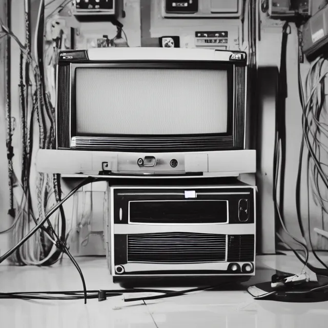 Image similar to an old TV in the middle of a clean laboratory room, Television on, static in TV, TV with a strange object inside, centered focus, wires and rebar hanging from the TV, bleak lighting, obscure, low quality video, high detail photography, vhs footage