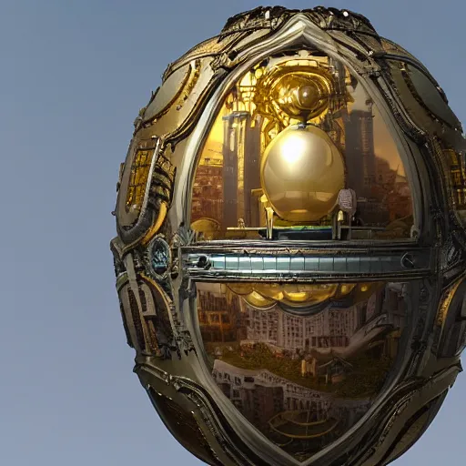 Prompt: enormous city in a faberge egg, sky, steampunk, fantasy art, masterpiece, octane render