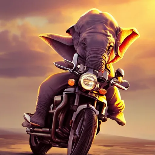 Prompt: elephant yoda riding a motorcycle in the movie born to be wild, stunning digital art, high detail, in the style of artgerm, artstation, cgsociety, dramatic lighting, pixar 3d 8k