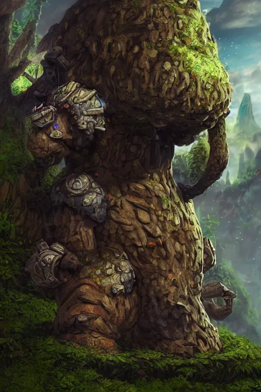 Image similar to zelda fantasy art giant golem troll wood rock greeble gemstone, global illumination ray tracing hdr fanart arstation by sung choi and eric pfeiffer and gabriel garza and casper konefal