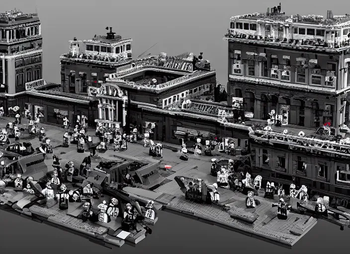 Image similar to hyper detailed stalin, lenin, revolutionary sailors together taking winter palace from bourgeoisie as lego characters, unreal engine 5, lumen, nanite, dslr