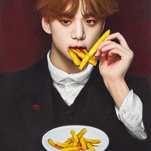 Prompt: taehyung eating gucci fries, 6 0 0 0 dollar fries fried by gucci, pre - raphaelite painting, highly detailed, cleanshaven appearance