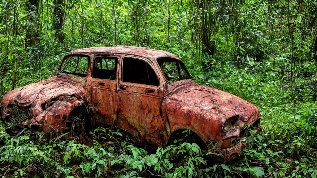 Prompt: A rusted car in a jungle