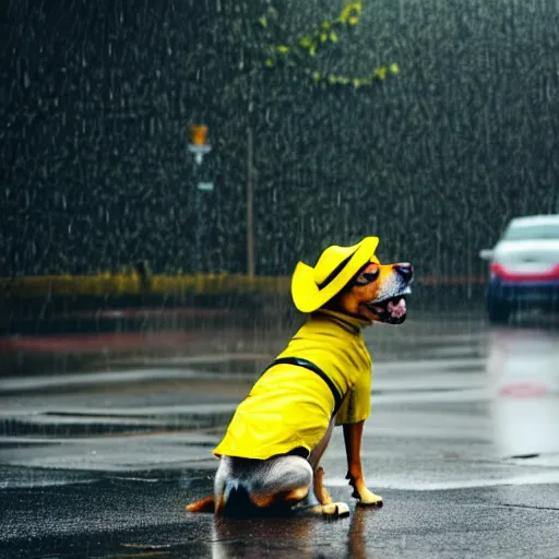 Image similar to a dog with a yellow hat riding a bike while raining