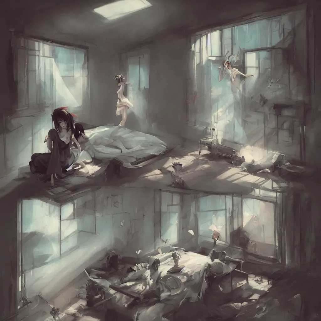 Prompt: famous japanese actress girl seeing the shadow of her desires on the bed of abandoned nightmare house with a light from a window projecting her secret dreams in negative space, painting by Peter Mohrbacher, style of James Jean, Edward Hopper, Francis Bacon, colors of Mark Rothko, Frank Auerbach, trending on artstation, Greg Rutkowski, dark atmosphere