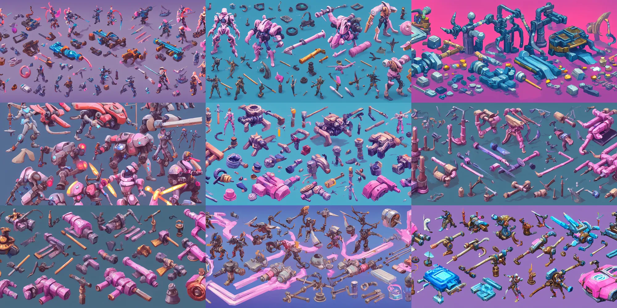 Prompt: game asset of hydraulics and smaller joints pack, in gouache detailed paintings, props, stylized, 2 d sprites, kitbash, arcane, overwatch, blue and pink color scheme, 8 k, close up