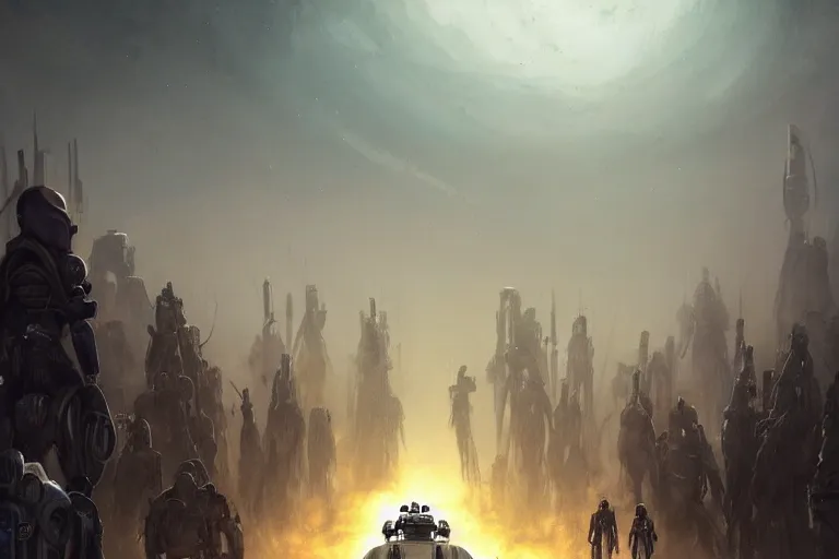 Prompt: a crowd of androids walking in a straight line along a path towards an ancient alien portal, pilgrimage, in mad max style, stargate, coriolios rpg art style, full of details, dark sci - fi, cold blue colors, matte painting, artstation, 8 k, hyperrealistic, style of peter mohrbacher
