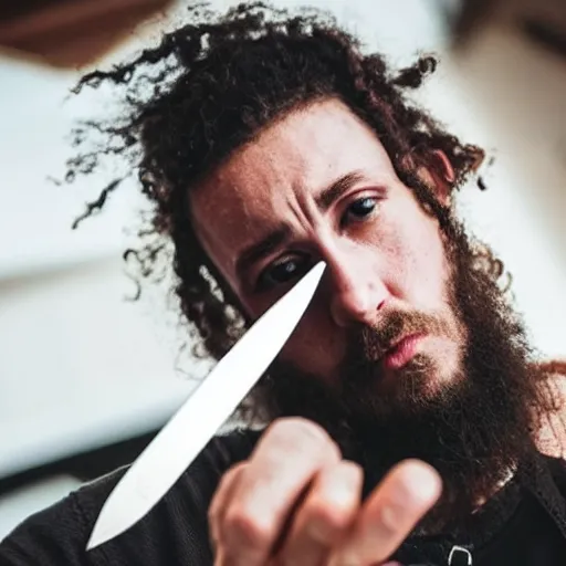 Prompt: photo of a caucasian dnb mc holding a knife