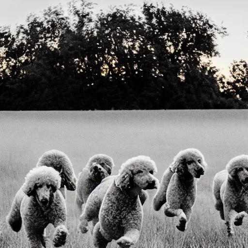 Image similar to poodles running through a field, dramatic cinematic lighting