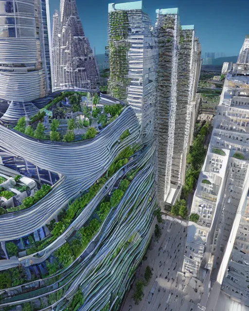 Image similar to a beautiful 3d renderings of buildings, architecture by Vincent Callebaut architecture. 14mm, cinematic , high resolution 4k, cg architects, vray