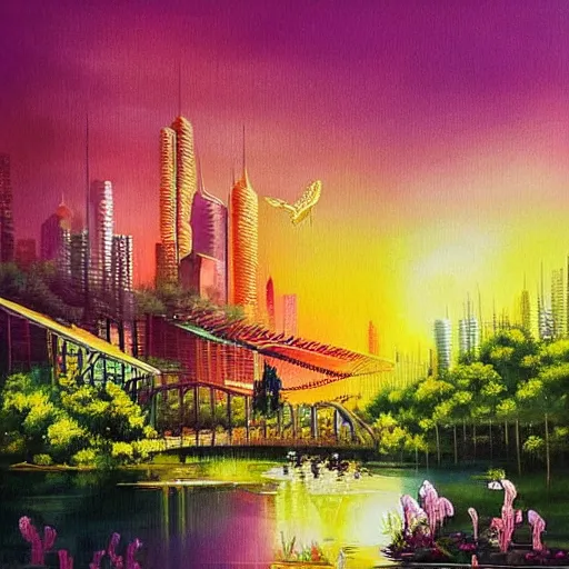 Image similar to Beautiful city of the far future in harmony with nature. Nice colour scheme, soft warm colour. Beautiful painting by Lurid. (2022)