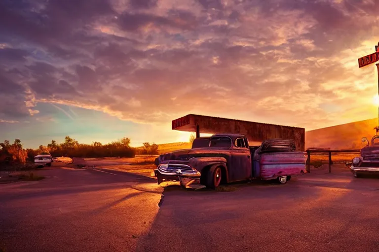 Image similar to a sunset light landscape with historical route 6 6, lots of sparkling details and sun ray ’ s, blinding backlight, smoke, volumetric lighting, colorful, octane, 3 5 mm, abandoned gas station, old rusty pickup - truck, beautiful epic colored reflections, very colorful heavenly, softlight