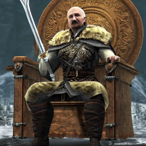 Image similar to Alexander Lukashenko as a Jarl in The Elder Scrolls V: Skyrim sitting on his throne