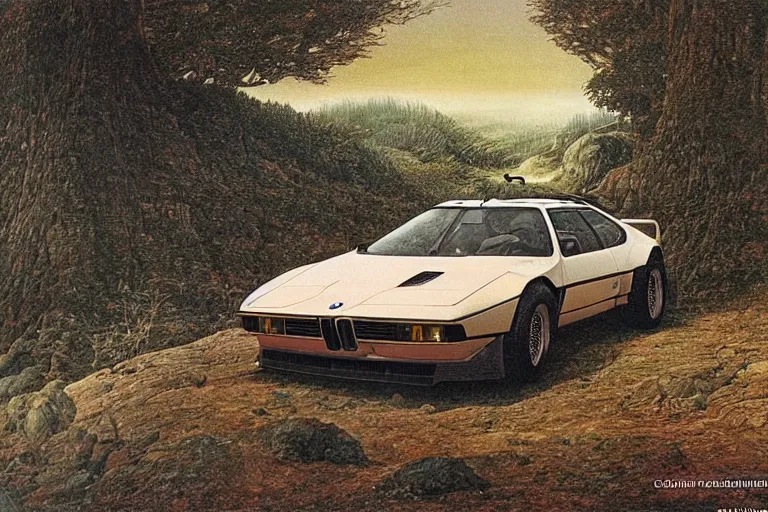 Prompt: intricate, 3 d, bmw m 1, style by caspar david friedrich and wayne barlowe and ted nasmith.