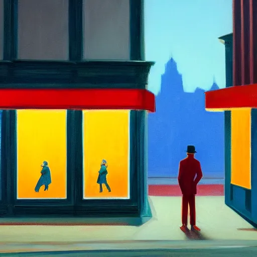 Prompt: a lonely street at night with a sad man in a jacket sitting on the street, in the style of Edward Hopper, 4K,