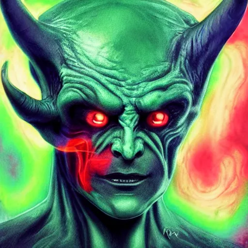 Image similar to realistic alien, medium shot portrait, devil horns,,!!!!! human eyes!!!!!!, green body. red eyes, background flames