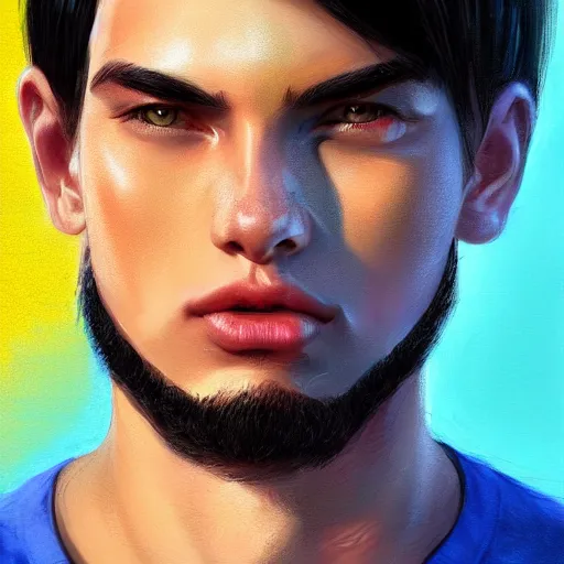 Image similar to ultra realistic illustration, a young man with black hair, in a yellow t - shirt, with blue eyes, highly detailed, digital painting, artstation, concept art, smooth, sharp focus, illustration