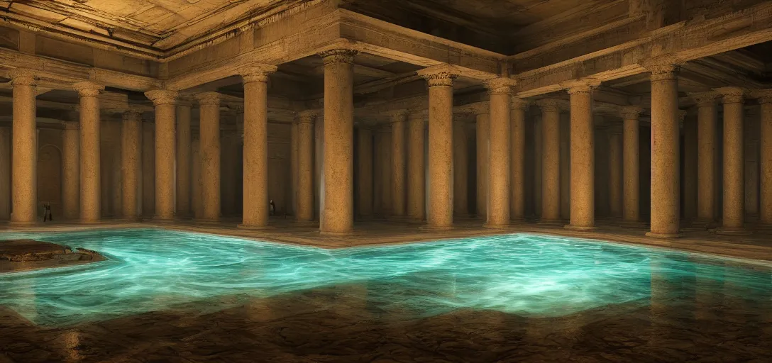 Image similar to dramatic photo of underground roman interior, ambient occlusion, glowing pool of water with realistic light refraction, caustics, making the pillars glow, ancient marble statues, raytracing, unreal engine, dramatic lighting, detailed,, global illumination, god rays, 3 d artstation by greg rutowski and jessica rossier