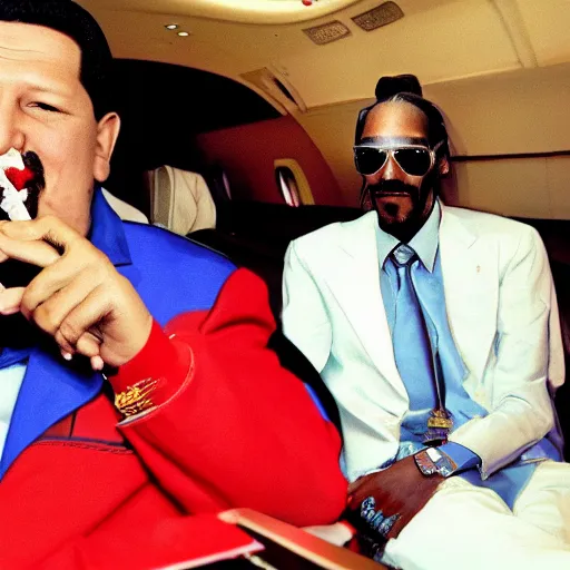 Image similar to hugo chavez smoking with snoop dog in a party inside a private jet, realistic render, award winning photography, luxury