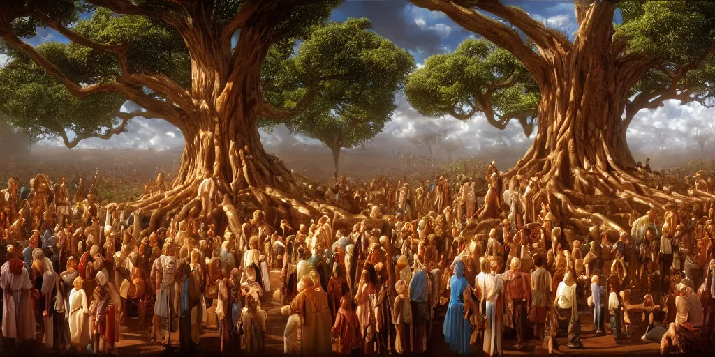 Prompt: crowd mourning for the death of the tree of life Michael Whelan by Jeff Easley photorealistic by Edmonia Lewis, cinematic, coherent, realistic faces, clear, detailed, intricate, dramatic lighting, establishing shot, 8k resolution