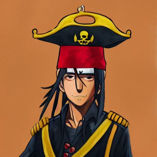 Image similar to Painting of an anime pirate captain in the middle of a desert