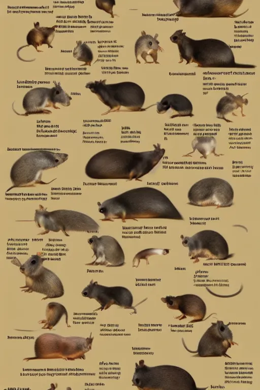 Prompt: breeds of rodents, infographic of new species of large rodent that come in new colors for pet owners, rodent morphs, rodent races, comparisons of different rodents, detailed scientific illustration