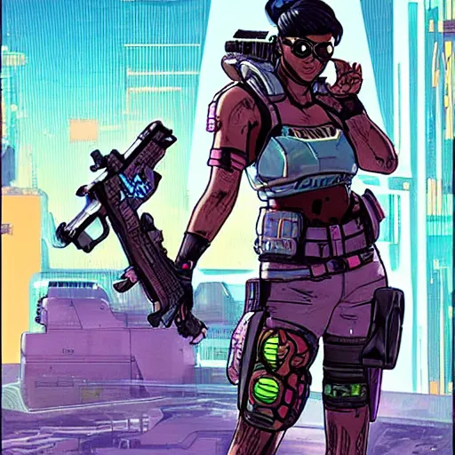 Image similar to Athena. Apex legends cyberpunk bounty hunter. Concept art by James Gurney and Mœbius.