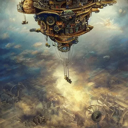 Prompt: flying city in the clouds, steampunk, romanticism artwork