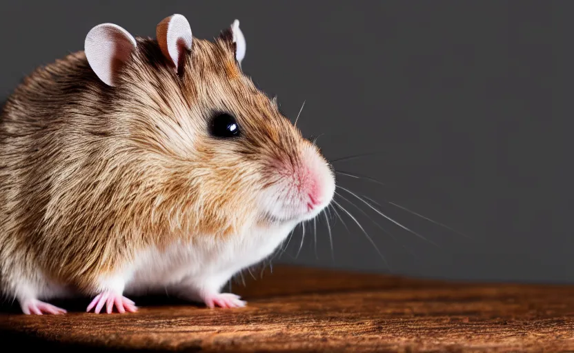 Image similar to studio photography of a king hamster with a crown and a coat, detailed face, cinematic lighting,, 8 k